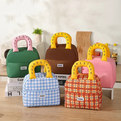 Borsa Pranzo Termica Isolata In Tessuto Oxford Motivo Plaid Borsa Bento Portatile Con Manico Numerato E Tasca Frontale