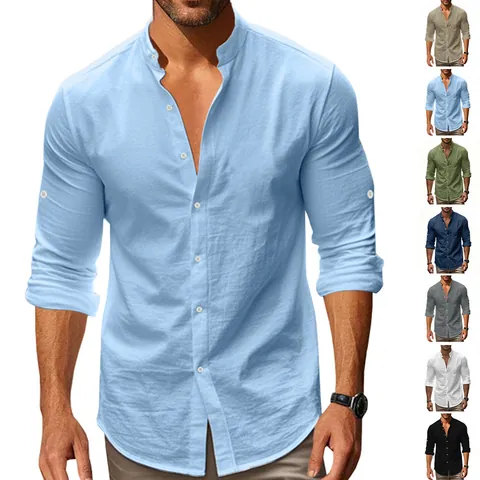 Chemise En Lin Homme Col Montant Manches Longues Henley Décontracté Mélange Coton Respirant Couleur Unie Plage Hauts