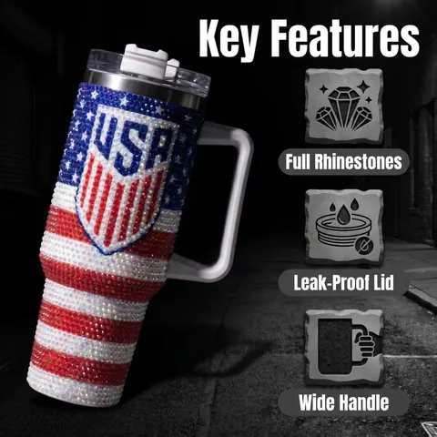 Rhinestone Encrusted Insulated Tumbler Stainless Steel With Handle And Straw Sports Baseball Pattern Car Vacuum Cup