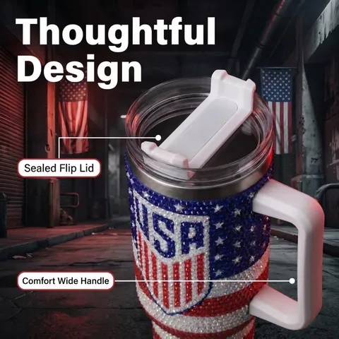 Rhinestone Encrusted Insulated Tumbler Stainless Steel With Handle And Straw Sports Baseball Pattern Car Vacuum Cup