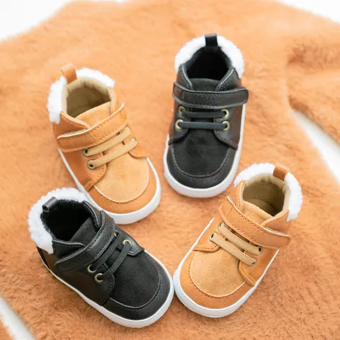 Baby Boys Casual Cotton Shoes Winter Warm Plush Lined Infant First Walkers Solid Color Faux Leather Soft Sole Hook And Loop Toddler Booties