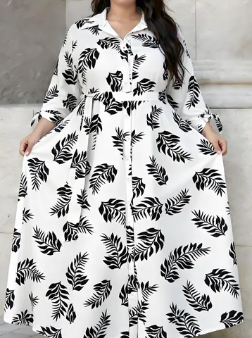 Vestido Camisero de Talla Grande para Mujer con Lunares Manga Larga Botonadura Con Cinturón Línea A Vestidos Maxi