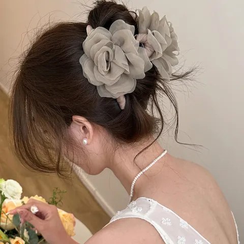 Molletta Per Capelli Grande Fiore Rosa Organza Tessuto A Rete Con Perla Artificial Finta Elegante Coreana Per Donne Accessorio