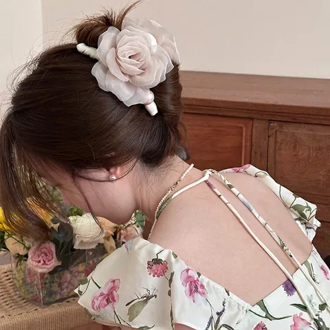 Molletta Per Capelli Grande Fiore Rosa Organza Tessuto A Rete Con Perla Artificial Finta Elegante Coreana Per Donne Accessorio