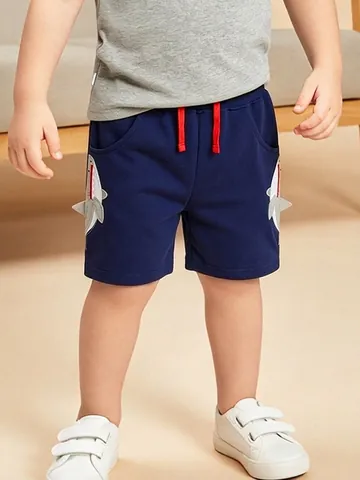 Jungen Baumwolle Lässige Shorts Mit Hai-Stickerei 3D-Flossen-Design Kontrast-Kordelzug Marineblau Sommer Kinder Shorts