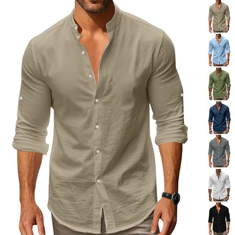 Camicia Henley Casual Da Uomo In Cotone Lino Maniche Lunghe Collo Alla Coreana Traspirante Leggera Top Spiaggia