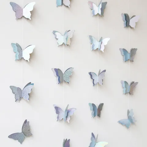 3D Stereo Laser Holographic Butterfly Paper Garland Hanging String Decoration For Birthday Wedding Party Home Kids Room Decor