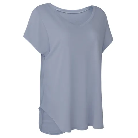 Camiseta de Yoga con Cuello en V para Mujer Holgada de Manga Corta Top de Pilates Entrenamiento Dobladillo Curvo Mezcla de Modal
