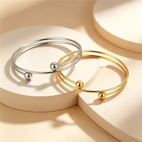 Pulsera De Brazalete Abierto De Acero Inoxidable De Varias Capas Con Perlas De Metal Pulido Joyería Elegante