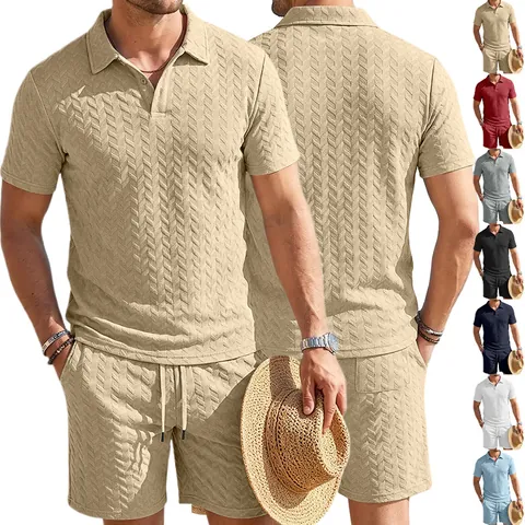 Men Casual Polo Shirt And Shorts Textured Jacquard Waffle Knit Breathable Summer Outdoor Sportswear