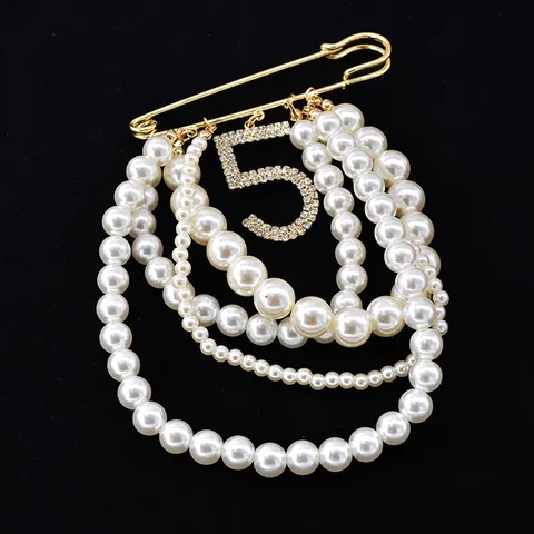 Alloy Faux Artificial Pearl Tassel Brooch Pin Large Safety Pin With Rhinestone Number Five Pendant Elegant French Style For Women
