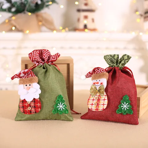 Sacs Cadeaux de Noël en Lin à Cordon avec Figurines 3D Père Noël Bonhomme de Neige pour Bonbons Emballage Décoration de Fête