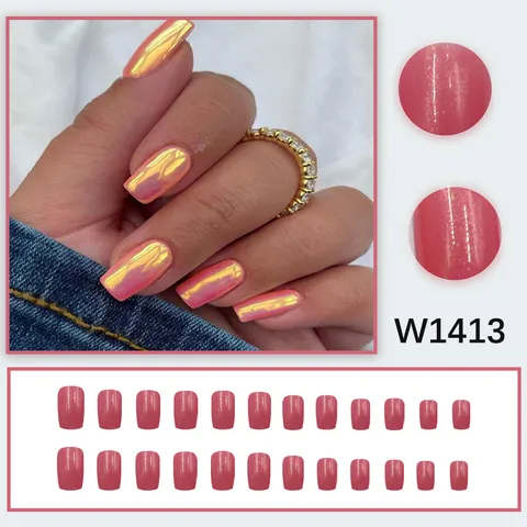 Unghie Finte A Pressione Rosa Oro Iridescente Aurora Forma Quadrata Ovale Shimmer Occhio Di Gatto Manicure Per Donne