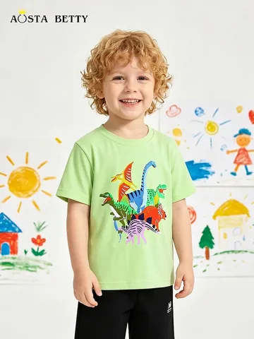 Kinder Jungen Cartoon Dinosaurier Druck T-Shirt Weiche Baumwolle Neongrün Rundhals Kurzarm Sommer Casual Sport Top