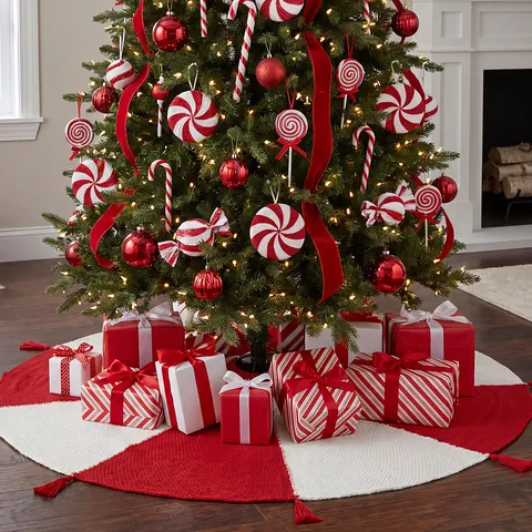 Rot und Weiß Gestrickte Weihnachtsbaumdecke Mit Quastenrand Große Polyester Baummatte Für Weihnachtsfeier Haus Deko