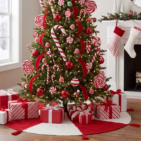 Rot und Weiß Gestrickte Weihnachtsbaumdecke Mit Quastenrand Große Polyester Baummatte Für Weihnachtsfeier Haus Deko