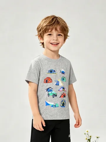 Maglietta da Bambino in Cotone Manica Corta Grigio Melange Cartoon Campeggio Auto Stampa Estate Girocollo Casual per Bambini