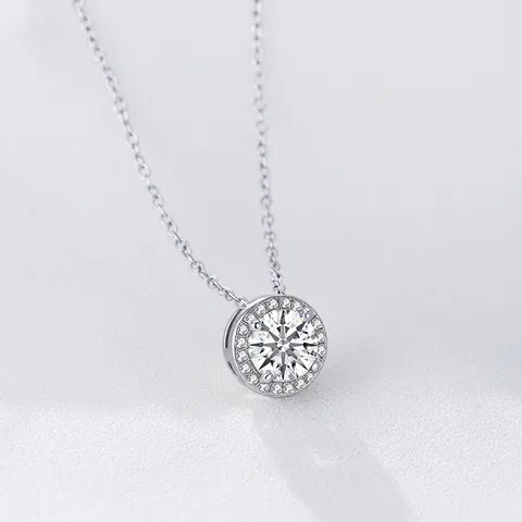 925 Sterling Silber Rund Halo Anhänger Halskette Für Frauen Elegante Brillantschliff Zirkon Eingelegt Schlüsselbein Kette