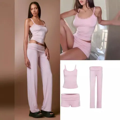 Cami Top And Shorts And Trousers Pajamas Viscose Spandex Modal Lace Trim Loungewear Rhinestone Letter Women