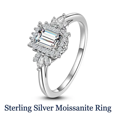 925 Sterling Silver Ring Emerald Cut Moissanite Flower Halo Engagement Wedding Band For Women Elegant Jewelry