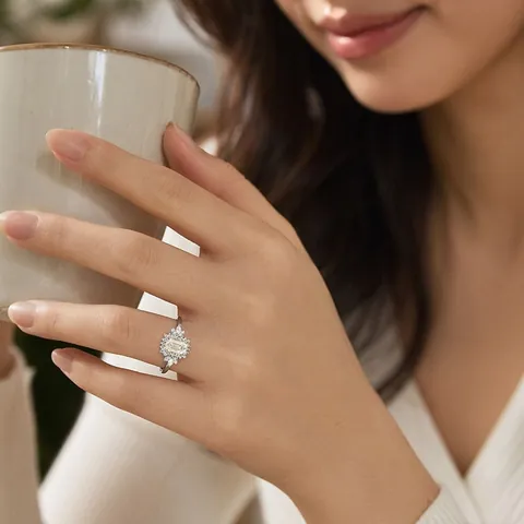 925 Sterling Silver Ring Emerald Cut Moissanite Flower Halo Engagement Wedding Band For Women Elegant Jewelry