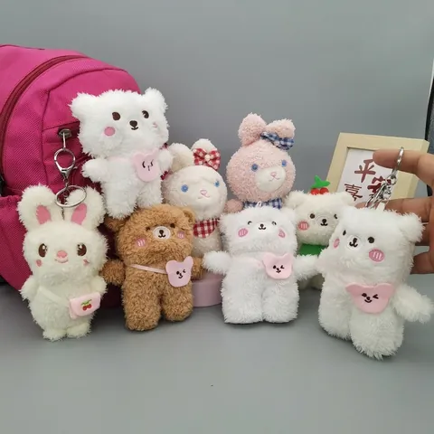 Cute Plush Animal Keychain Bear Rabbit Pendant Soft Stuffed Backpack Charms Embroidered Heart Bag Decorative Gift