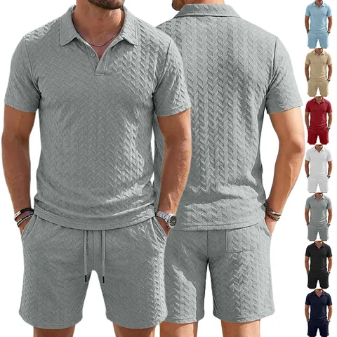 Men's Polo Shirt And Shorts Polyester Textured Jacquard Summer Casual Beach Vacation Short Sleeve Lapel Loose Fit