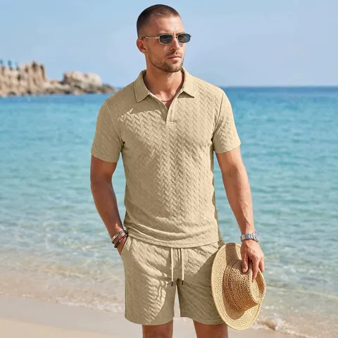 Men's Polo Shirt And Shorts Polyester Textured Jacquard Summer Casual Beach Vacation Short Sleeve Lapel Loose Fit