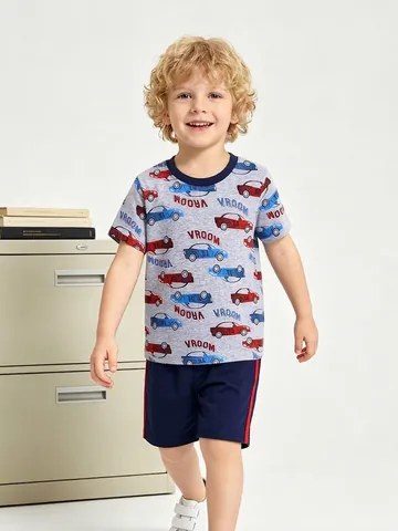 Vêtements Décontractés d'Été pour Garçons en Coton Manches Courtes Haut Imprimé Voiture de Course et Short Deux Parties Style Occidental
