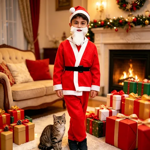 Kids Santa Claus Costume 5-Piece Set Red Non-woven Fabric Christmas Outfit For Boys Party Dress Up With Hat Beard Belt