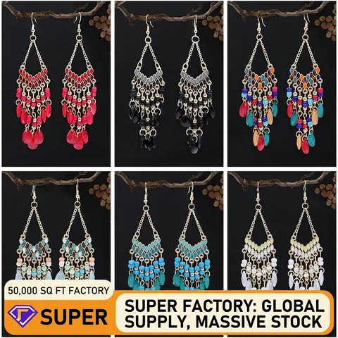 Bohemian Ethnic Beaded Tassel Dangle Earrings Alloy Acrylic Water Drop Long Vintage Jewelry With Iron Hooks For Women
