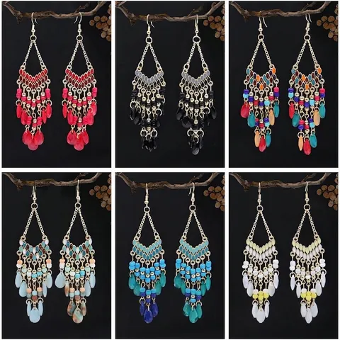 Pendientes Colgantes Bohemios Étnicos Cuentas Borlas Aleación Acrílico Gota De Agua Largos Joyas Vintage Con Ganchos De Hierro