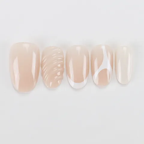 Uñas Postizas a Presión Ovaladas Cortas Rosa Nude Blanco Estilo Francés Patrón Onda Espiral Uñas Resina ABS Reutilizables