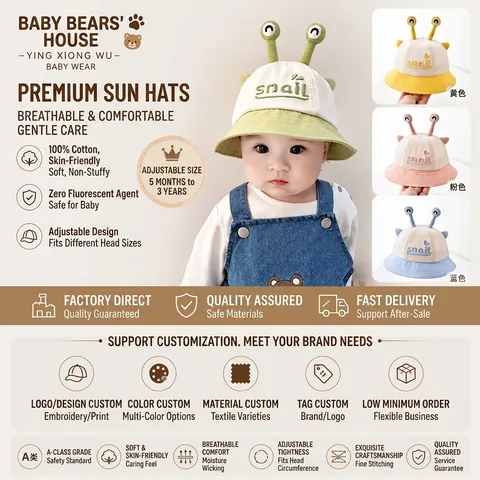 Sombrero De Pescador Algodón Suave Niños Lindo Animal Dibujos Animados 3D Caracol Oso Dinosaurio Gorra Sol Para Bebés