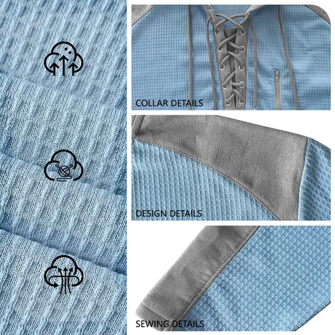 Men's Casual Waffle Knit Hoodie Color Block Long Sleeve Sweatshirt With Drawstring Hood And Zipper Pocket Outdoor Sport Top