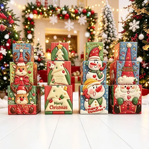 Christmas Gift Boxes Decorative Cardboard Square For Holiday Tree Bottom Party Festive Packaging Cartoon Pattern