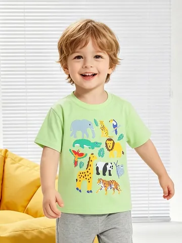 Jungen Sommer Baumwolle Kurzarm T-Shirt Mit Cartoon Tierdruck Rundhals Casual Kinder Atmungsaktiv Bequem Top