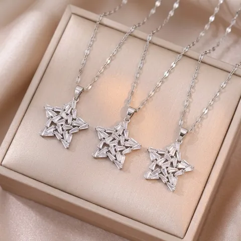 Collana Con Ciondolo A Stella Pentagramma In Acciaio Inossidabile Micro Intarsiato Zircone Taglio Baguette Gioielli Di Moda