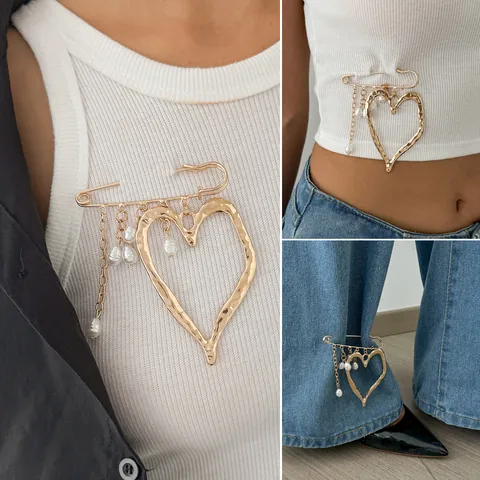 French Vintage Exaggerated Hammered Alloy Heart Brooch Pin With Imitation Artificial Pearl Tassel For Women Fashion Jewelry Accessories