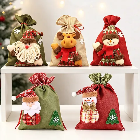 Weihnachts Jute Kordelzug Geschenktüten Mit 3D Weihnachtsmann Schneemann Rentier Puppen Für Feiertags Süßigkeiten Party