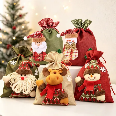 Weihnachts Jute Kordelzug Geschenktüten Mit 3D Weihnachtsmann Schneemann Rentier Puppen Für Feiertags Süßigkeiten Party