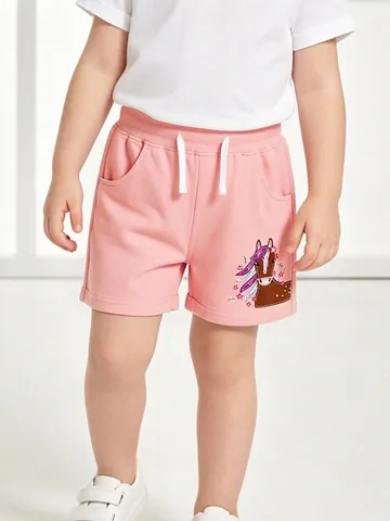 Pantaloncini Sportivi in Cotone da Ragazza Rosa Cavallo Ricamato Casual Elastico in Vita Pantaloncini Estivi per Bambini