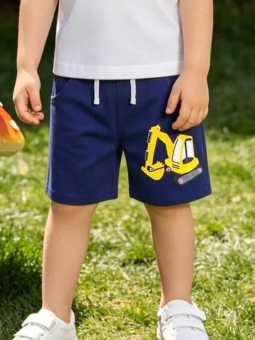 Pantaloncini Casual in Cotone per Bambini Ragazzi Stampa Escavatore Vita Elastica con Coulisse Estivi Traspiranti Sportivi