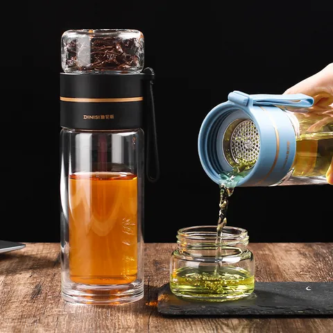 Botella de Vidrio de Borosilicato de Doble Pared Separación de Té Taza de Agua Portátil Resistente al Calor
