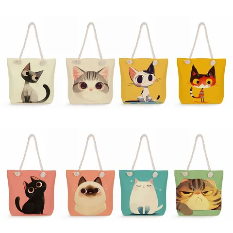 Sac Fourre-Tout en Lin Imprimé Chat de Dessin Animé Avec Poignée en Corde Sac à Épaule Femme pour Shopping Plage Voyage