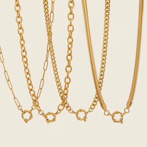 Stainless Steel 18K Gold Plated Spring Buckle Pendant Necklace Minimalist Snake Paperclip Curb Link Chain Jewelry For Women Men
