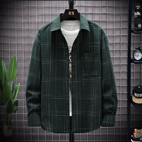 Camicia da Uomo Casual Larga a Quadri e Righe Manica Lunga Stile Coreano Vintage Foderata in Pile Ispessita Button Down Top Giovani