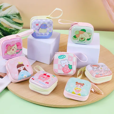 Cute Square Tinplate Coin Purse Mini Earphone Storage Bag Printed Cartoon Small Jewelry Box With Zipper And Strap For Kids Unisex