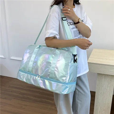 Large Capacity Holographic Travel Duffel Bag With Dry Wet Separation Bottom Shoe Compartment Women Fitness Gym Sports Bag