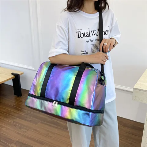 Large Capacity Holographic Travel Duffel Bag With Dry Wet Separation Bottom Shoe Compartment Women Fitness Gym Sports Bag